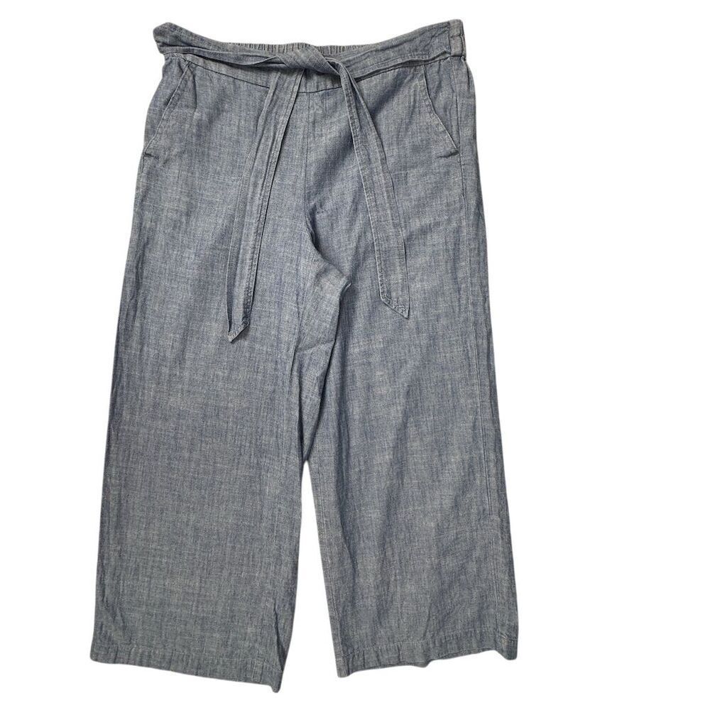 J.Crew Women's Size 8 Blue Wide-Leg Cotton Chambray Pants with Tie Waist